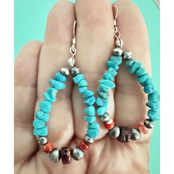 Native American Handmade Silver & Genuine Multi Gemstone Teardrop Earrings - Picture 3 of 6